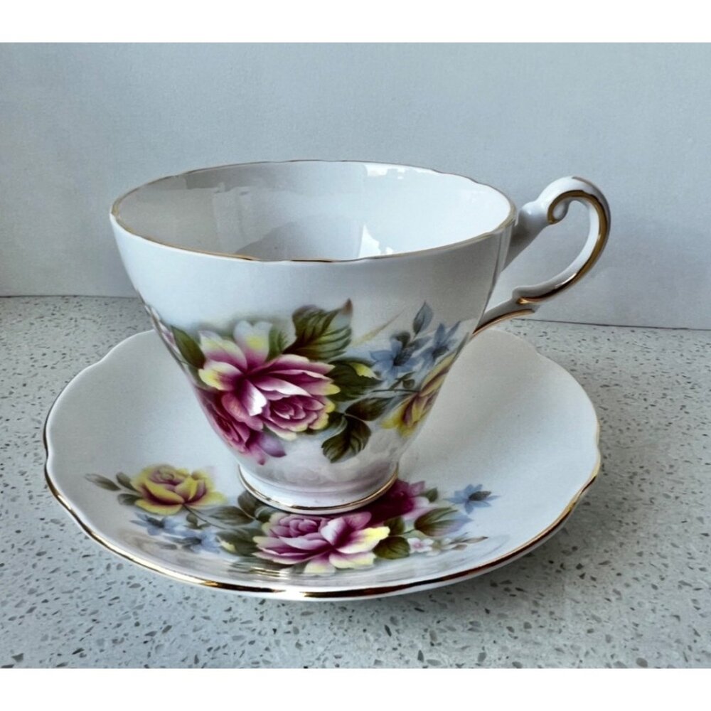 Regency English Bone China Cup & Saucer Floral Design Gold Trim Made In England